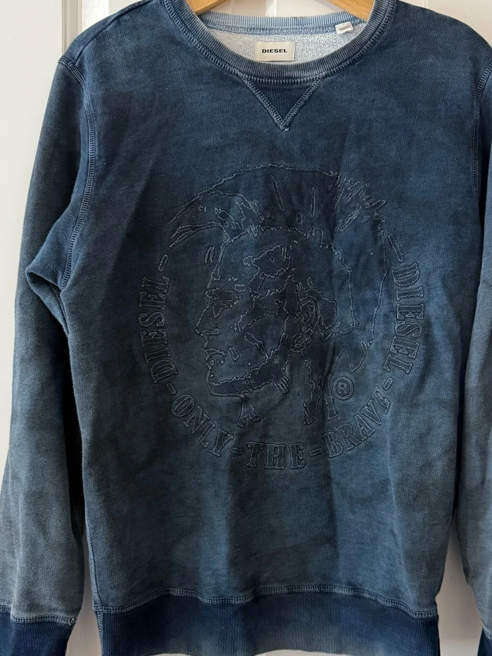 Diesel Men's Washed Indigo Embossed Logo Crewneck. 